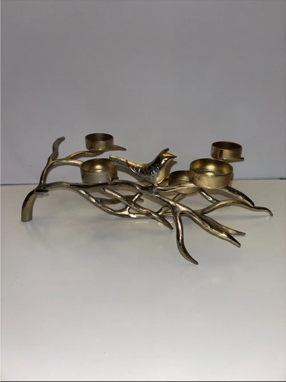 Vintage gold, color, bird and branch five votive candle holder decor